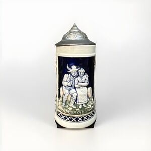 VTG German Beer Stein Reinhold Merkelbach RM 3393‎ 1/4L Cobalt Relief Pewter Lid